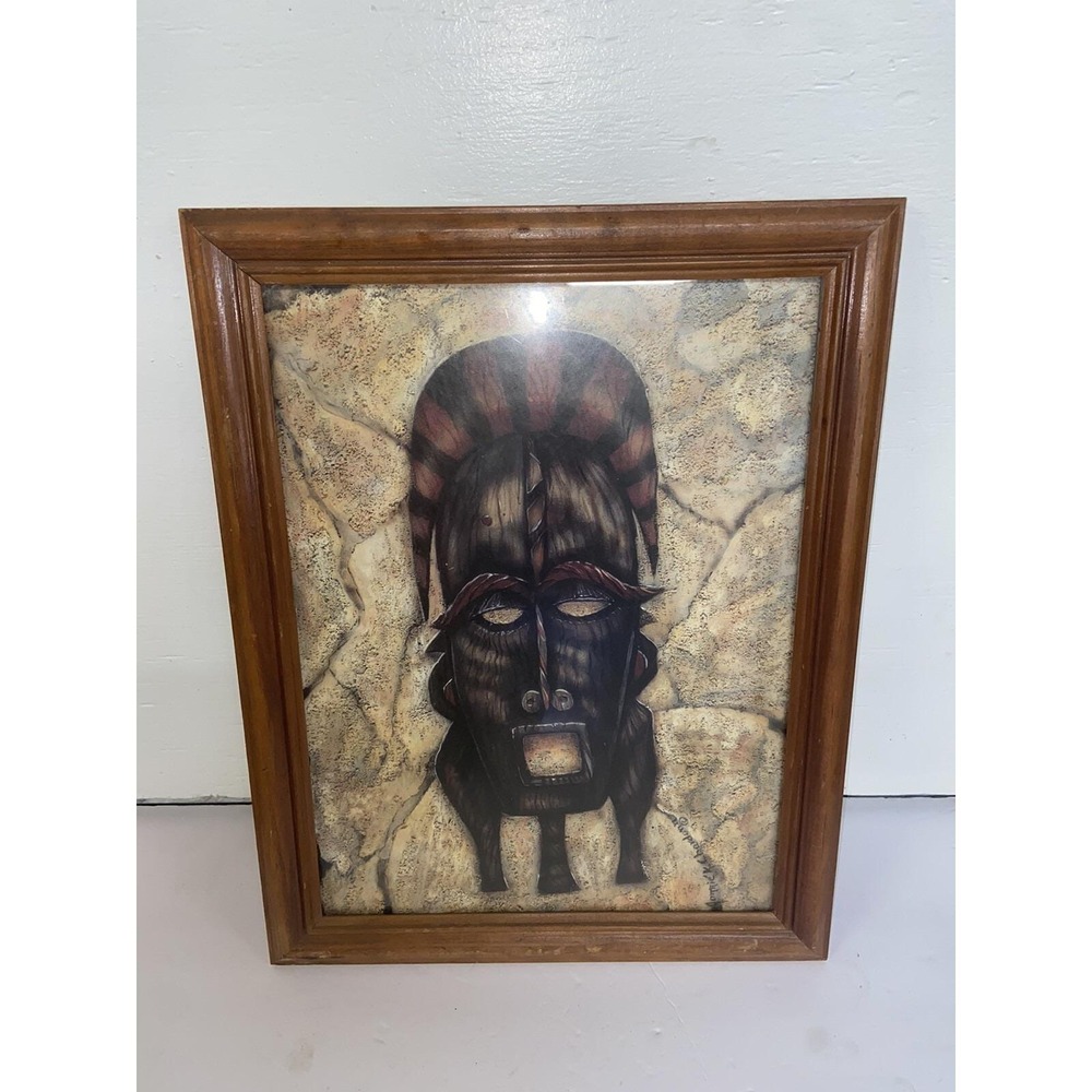 Vintage Tribal African Print Signed in Wooden Frame